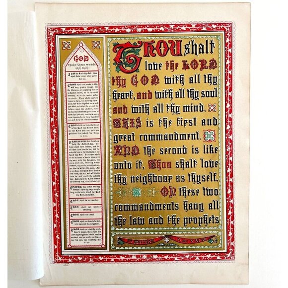 Ten Commandments Gold Tone 1872 Lithograph Victorian Religious Art DWAA6 - Picture 2 of 2